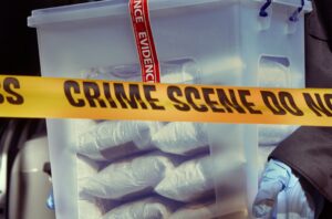 A clear container containing bags of narcotics being held by a police behind a crime scene tape