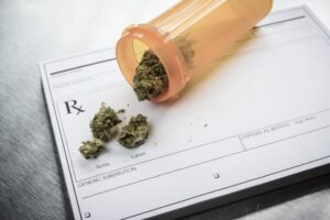 Marijuana in an orange medicine bottle on top of a prescription pad